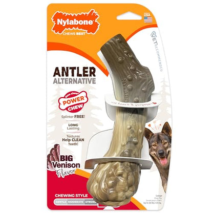 Nylabone Power Chew Antler Alternative Nylon Chew Toy for Dogs, Dog Toys for Aggressive Chewers, Venison Flavor, Large/Giant (1 Count) - size: Large