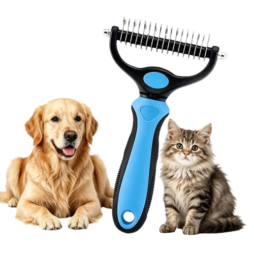 Pet Grooming Tool for Dogs & Cats, Double Sided Deshedding Brush with Undercoat Rake, Dematting Comb for Long Thick Coats, Pet Hair Removal Grooming Comb for Shedding & Detangling (1, Blue, Large)