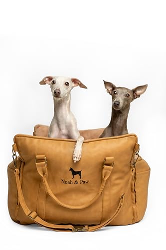 NOAH & PAW Small Dog Car Seat for Small Medium Pets with Harness Clip, 4X Safety Feature, Washable Dog Seat for Car, Orthopedic Foam Wrapped with Plush, Vegan Leather - color: Camel