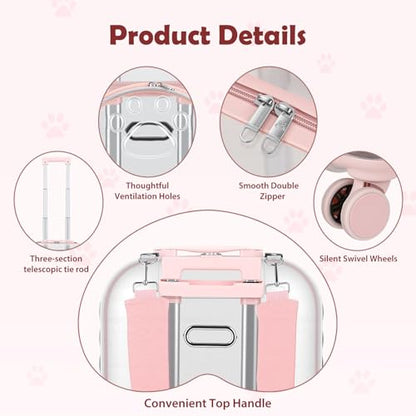 Cat Carrier with Wheels & Detachable Strap – Rolling Pet Trolley with Telescopic Handle, Transparent Hard Shell, Silent Wheels, Ventilated Design for Travel, Walking, Vet Visits for Small - color: Pink