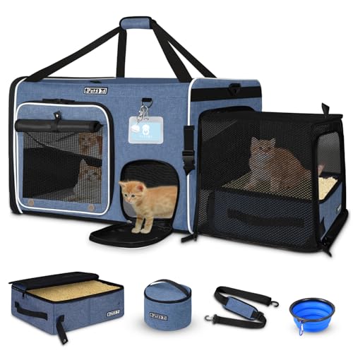 Petskd Side Expandable Extra Large Cat Car Carrier with Collapsible Litter Box for Long Distance Travel,24"x17"x17" Portable Soft Sided Pet Carrier with Roller Shades for 2 Cats Up to 55LBS(Blue) - color: blue