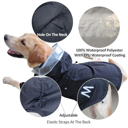 MAMORE Dog Raincoat With Clear Hood and 2 Legs, Waterproof Adjustable Jacket, Reflective Stripe for Small Medium Large Dogs (Black, X-Small)
