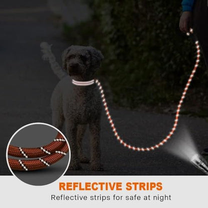 Rope Dog Leash with Comfortable Padded Handle, Highly Reflective Threads Leash for Medium Large Dogs (Orange,3/8" x 6.5 FT)