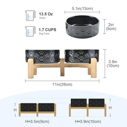 SPUNKYJUNKY Elevated Dog Bowls Ceramic, 5.1'' Dogs and Cat Food Water Bowls Raised with Non-Slip Bamboo Stand for Puppy Small Sized Breed Microwave Dishwasher Safe - 13.5 OZ,Paw Black - color: Paw Black, size: 5.1 in - 1.7 cups