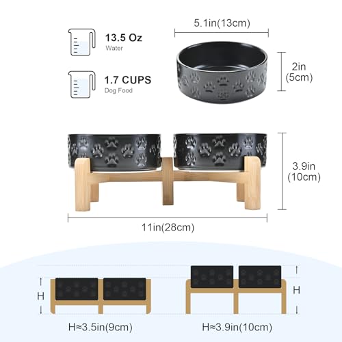 SPUNKYJUNKY Elevated Dog Bowls Ceramic, 5.1'' Dogs and Cat Food Water Bowls Raised with Non-Slip Bamboo Stand for Puppy Small Sized Breed Microwave Dishwasher Safe - 13.5 OZ,Paw Black - color: Paw Black, size: 5.1 in - 1.7 cups