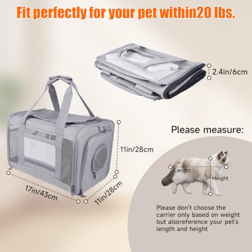 Cat Carriers, 17"x11"x11" Collapsible Pets Travel Carriers Dog Carrier Pet Carrier, Waterproof Airline Approved Soft Sided, Car Travel Portable Bag for Big Cats/Small Dogs(Gray)