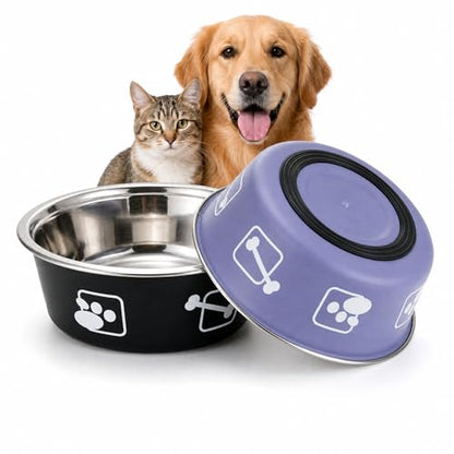 2-Pack Dog Bowls, Stainless Steel Pet Bowls, Thickened Rust-Proof Inner Bowl, Non-Slip Rubber Base, 2-in-1 Food & Water Bowl for Indoor Use (Black + Purple) (Black + Purple, S) - size: S