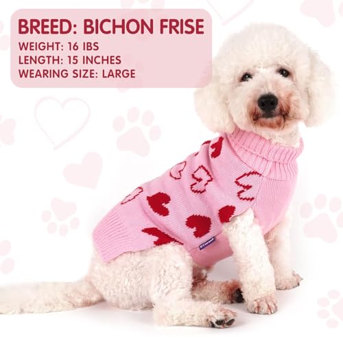 cyeollo Valentines Dog Sweater Outfit, Soft Knitted Pullover Dogs Sweaters, Warm Stretchy Turtleneck Dog Sweaters for Small Dogs Girl with Leash Hole, Comfy Heart Pattern Holiday Pet Clothes, Pink L - color: 2# Valentine's, size: Large