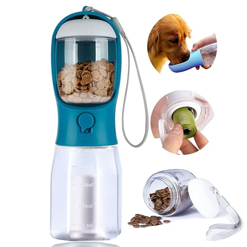 Dog Water Bottle with Food Container, Portable Pet Dog Water Dispenser for Outdoor Walking,Hiking,Travel,Puppy Essentials,Puppy Supplies,Replaceable Waste Bags - color: Navy Blue, size: 15oz