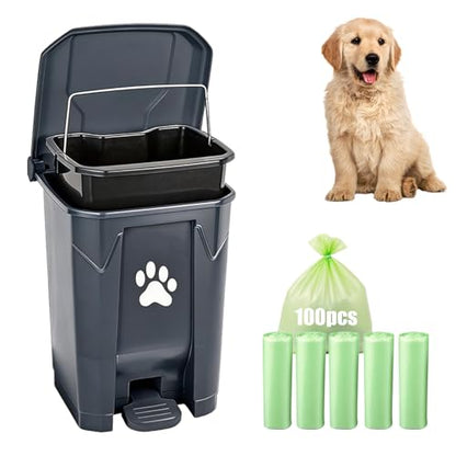 Dog Poop Trash Can for Outdoors, Dog Waste Trash Can for Yard Garden Home with Lid Removable Inner Bin, 100PCS Green Waste Bag, Grey Fully Assembled - color: Grey-Green Bag