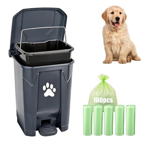 Dog Poop Trash Can for Outdoors, Dog Waste Trash Can for Yard Garden Home with Lid Removable Inner Bin, 100PCS Green Waste Bag, Grey Fully Assembled - color: Grey-Green Bag