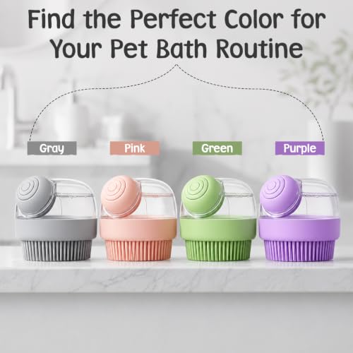 Dog Bath Brush with Shampoo Dispenser | Silicone Pet Grooming Scrubber for Dogs Cats and Puppies | Rubber Curry Tool for Bathing Deshedding and Massage | Easy Grip One Handed Design - color: Purple