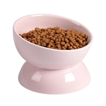 ABRUTY Cat Water Bowl, 16 OZ Ceramic Elevated Cat Bowls, 15° Tilted and Raised Pet Food Dish, Anti Vomiting Protect Pets' Spines and Whisker Fatigue - color: Pink, size: 1 Pack