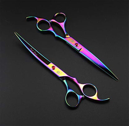 Purple Dragon Professional 7.0 inch 4PCS Pet Grooming Scissors Kit Japan Premium Steel Straight & Curved & Thinning Blade Dog Hair Cutting Shears Set with Case - color: Rainbow