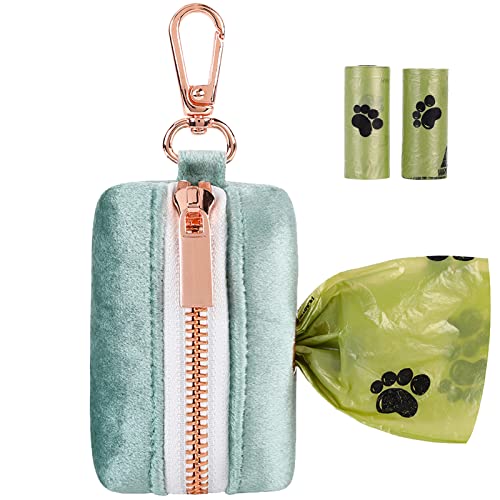 ARING PET Dog Waste Bag Dispenser, Velvet Green Doggy Poop Bags Holders Attach to Any Leashes, Portable Washable Pet Waste Pouch Dispenser with Metal Zipper - color: A:green