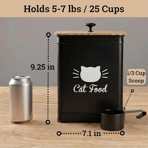 Cat Food Storage Container with Scoop - 5-7 lb (25 Cup) Capacity Metal Cat Food Container with Airtight Bamboo Lid and Metal Scoop - Airtight Pet Food Storage Containers 5 lb - 7 lb Kibble Container - color: Black