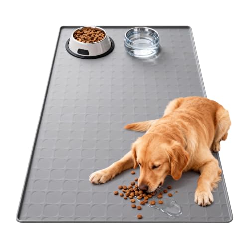 Extra Large 34x22 Inch Machine Washable Silicone Pet Food Mat - Waterproof Dog & Cat Bowl Mat with Raised Edge, Non-Slip Floor Protector for Large Dogs, Multi-Pet Homes (Grey) - color: grey, size: 34*22