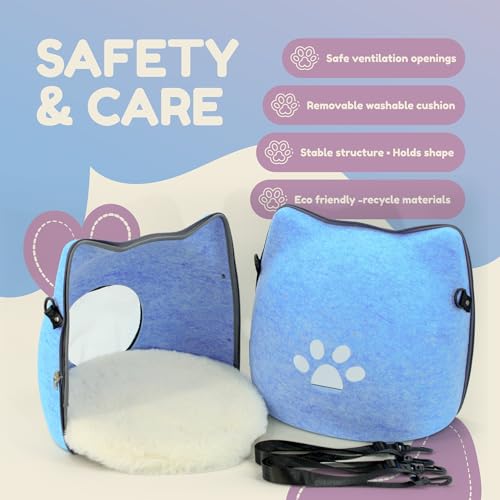 Cat Cave Bed for Indoor Cats – Felt Covered Hideaway with Cushion, Foldable Enclosed Pet House, Portable Cozy Cave Bed for Medium & Large Cats (Blue)