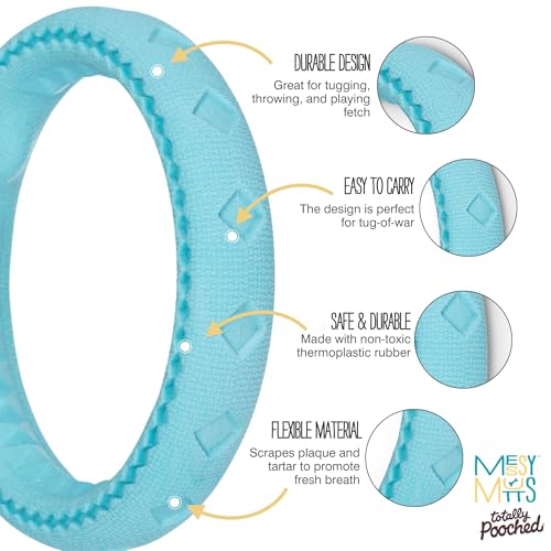 Messy Mutts Totally Pooched Chew n' Tug Ring | TPR Dog Toy | Made for Tough Chewers | Tough Fetch Ring for Dogs | 6.5” | Teal