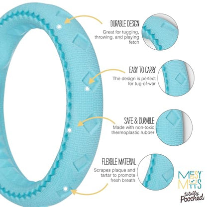 Messy Mutts Totally Pooched Chew n' Tug Ring | TPR Dog Toy | Made for Tough Chewers | Tough Fetch Ring for Dogs | 6.5” | Teal