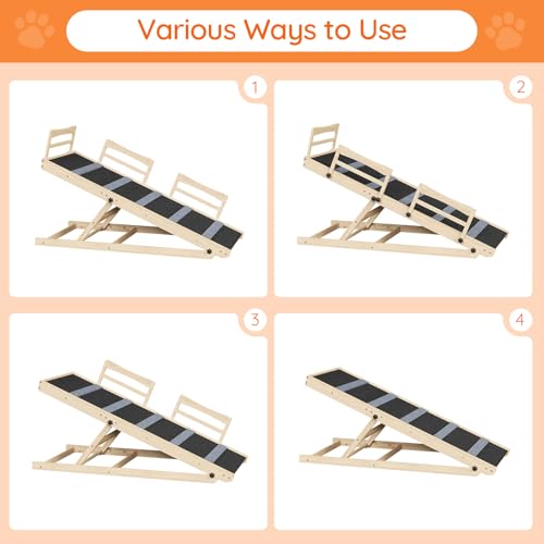 HOOBRO Dog Ramp for Bed, 47.2" Long Foldable Pet Ramp with Non-Slip Mat and Side Rails, Wooden Dog Ramp for High Beds, Couch and Car, 5 Height Adjustable from 15.6" to 25.2", Natural, NB42PT03 - size: 47.2"L x 17.7"W x 3.7"H