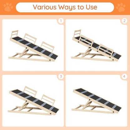HOOBRO Dog Ramp for Bed, 47.2" Long Foldable Pet Ramp with Non-Slip Mat and Side Rails, Wooden Dog Ramp for High Beds, Couch and Car, 5 Height Adjustable from 15.6" to 25.2", Natural, NB42PT03 - size: 47.2"L x 17.7"W x 3.7"H