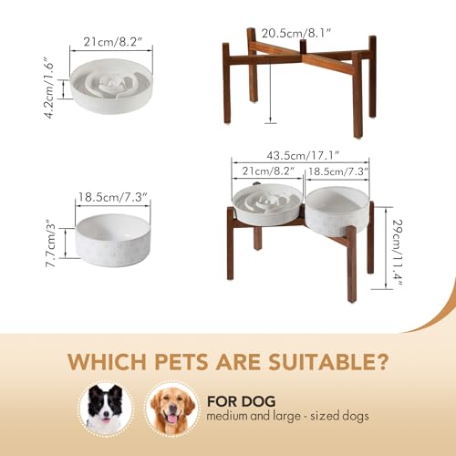 Havniva 1.6 Cup Elevated Slow Feeder Dog Bowls, 8.2” Dog Slow Feeding Bowls + 7.3” Ceramic Dog Water Bowls Set with Acacia Wood Stand Dog Food Bowls Puzzle Feeder for Medium Dogs Non-Slip Anti-choking - color: 2 x White + Stand - A, size: L- 8.2inch / 1.6