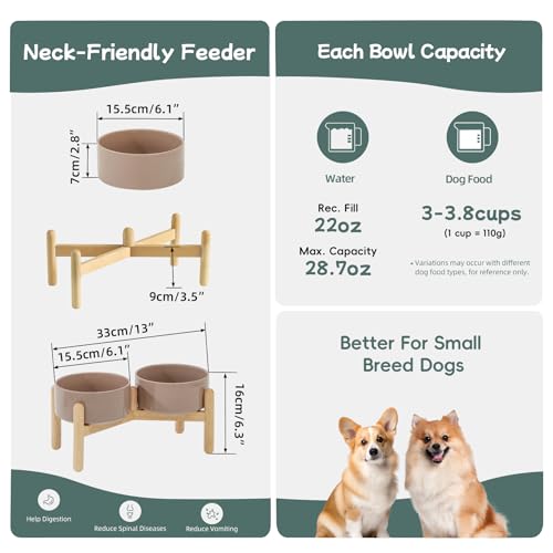 Havniva 6.1inch Ceramic Raised Dog Bowl with Stand, Double Dog Bowls Elevated for Small and Medium Breed Dog Food and Water Bowl Set Non-Slip Dog Dish Large Capacity Feeding Pet Water Bowl - color: 2 Bowls+Stand - Brown Coffee, size: 6.1inch