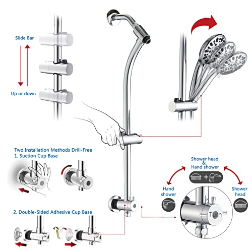 High Pressure 48-Settings Shower Head with Handheld Shower,Drill-Free 3-Way Diverter for Easy Reach,Adjustable Height Slide Bar Dual Shower Head Combo Set - Chrome - color: Chrome