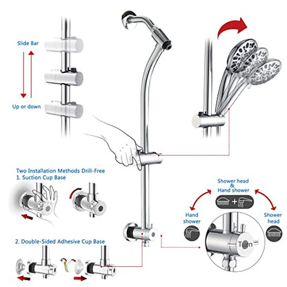 High Pressure 48-Settings Shower Head with Handheld Shower,Drill-Free 3-Way Diverter for Easy Reach,Adjustable Height Slide Bar Dual Shower Head Combo Set - Chrome - color: Chrome