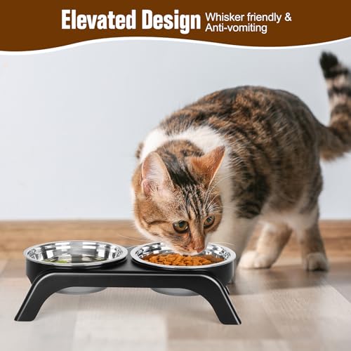 Elevated Cat Bowls, Anti Vomiting Raised Cat Food Bowl with 2 Stainless Steel Bowls, Prevent Neck Pain Cat Bowl Set, ABS Anti Slip Stand Cat Bowls for Indoor Cats & Puppies (Grey) - color: Grey