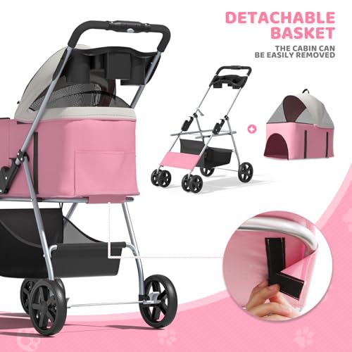 Magshion Foldable Pet Stroller, 3-in-1 Dog Travel Jogger with Detachable Carrier, Cup Holder, Storage Basket, Folding Carrier for Small/Medium Dogs & Cats Up to 33 lbs, Pink - color: Pink, style: Up to 33 lbs