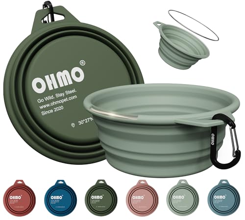 OHMO Collapsible Dog Water Bowls w/Built-in Stainless Steel Ring – 2pcs Large 27oz/800ml Portable Silicone Pet Feeding Bowl for Hiking, Camping, Travel - color: Camo&Sage Green, size: Steel 2x27oz