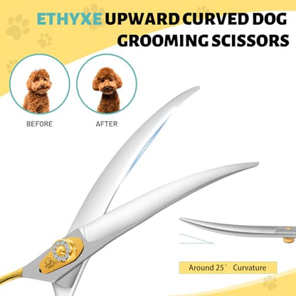 7 Inch Curved Dog Grooming Scissors Made Of 440C Stainless Steel Professional Downward Curved Pet Face Trimming Shears with Jewelled Screw, Sharp & Comfortable for Groomers - style: Gold Down-curved