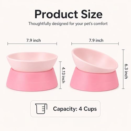 Tilted Angle Dog Bowls - Slanted Resin Dog Cat Food Bowl, Non-Slip Pet Feeder with Detachable Silicone Stand (Pink, L - 4 Cup) - color: Pink, size: L - 4 Cup