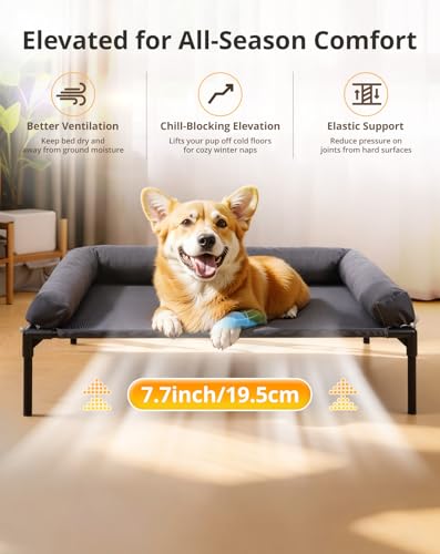Cooling Elevated Dog Bed, 26.8x34 Raised Dog Bed with Removable Bolster Cushion, Breathable Mesh, Non-Slip Feet, and Metal Frame for Medium Breeds Indoor Outdoor - size: Medium