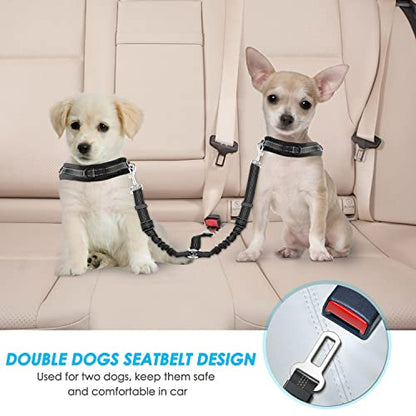 SlowTon Dog Seat Belt, Double Dog Seatbelt Adjustable Vehicle Safety Leash with Elastic Bungee Buffer, Reflective No Tangle Y Shape Two Dog Harness Seat Belt Splitter for Pets Car Trip (Black, S) - color: A.Black, size: 2 Small in 1