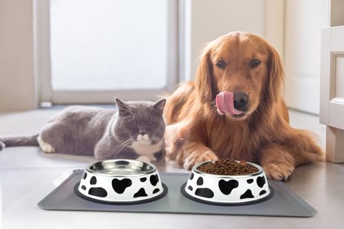 Stainless Steel Dog Bowls, Food and Water Non Slip Anti Skid Stackable Pet Puppy Dishes for Small, Medium and Large Dogs (2 Pack) - color: Milk Cow, size: 1.5 Cup/12 oz
