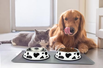Stainless Steel Dog Bowls, Food and Water Non Slip Anti Skid Stackable Pet Puppy Dishes for Small, Medium and Large Dogs (2 Pack) - color: Milk Cow, size: ¾ Cup/7 oz