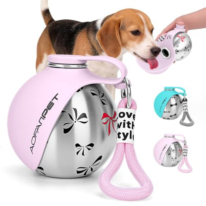 Portable Dog Water Bottle 10oz Stainless Steel Travel Dog Water Dispenser with Bowl No-Spill Puppy Water Bottle for Walking Hiking Small Dog Water Bottle (Pink Bow Print) - color: Pink Bow Print