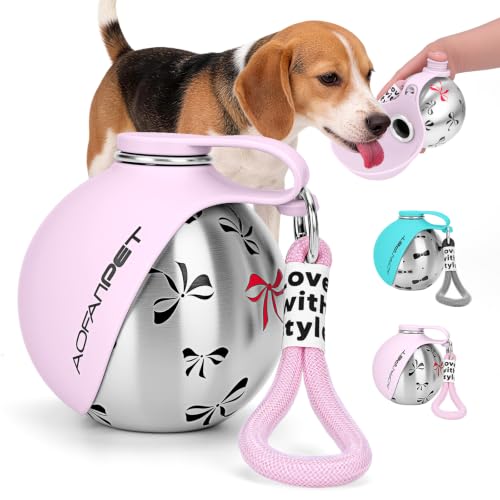 Portable Dog Water Bottle 10oz Stainless Steel Travel Dog Water Dispenser with Bowl No-Spill Puppy Water Bottle for Walking Hiking Small Dog Water Bottle (Pink Bow Print) - color: Pink Bow Print