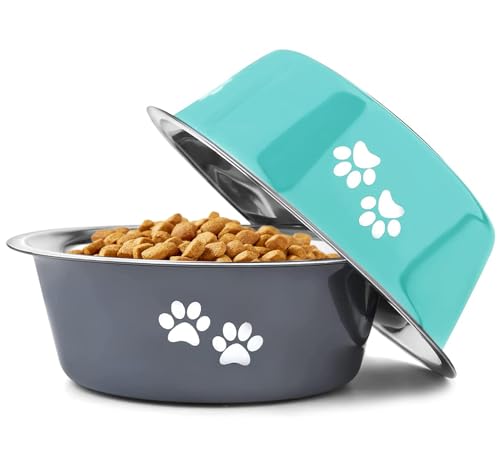 Stainless Steel Dog Bowls 2 Pack Medium Large Dogs Feeding Food Water Bowl with Non-Slip Silicone Sole, Stainless Steel Dog Dishes Elevated Raised Pet Feeder (Green+Grey, L(6.6 Cups)) - color: Green+Grey, size: L(6.6 Cups)