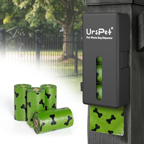 URSPET Dog Poop Bag Dispenser with 4 Rolls, Wall Mount Pet Waste Holder | Stick-On or Screw-On, Viewing Window, Easy Bag Pull, Flip-Top Refill, 60 Bags Included, Indoor and Outdoor Use - color: Black