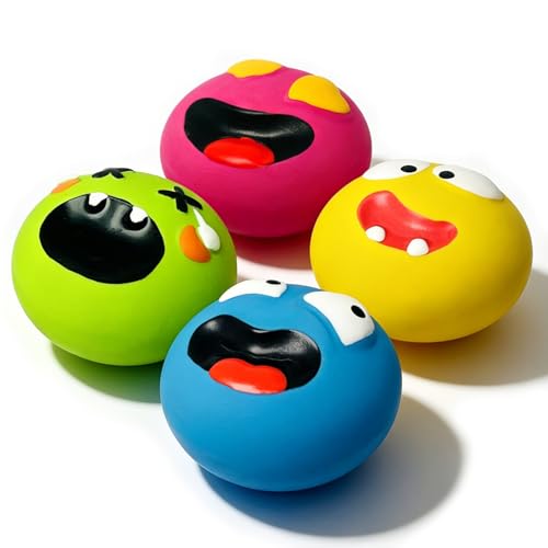 Latex Squeaky Dog Toys for Small Dogs & Mini Breeds - 4 Pack 2.2"x2.2"x1.3" | Flat Soft Squeak Dog Balls, Smile Face Interactive Fetch Puppy Toys with Squeaker, Floating Pet Toy for Indoor & Outdoor Play
