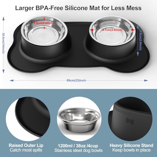 Dog Bowls Stainless Steel Dog Food Water Bowl Set with Stand, Feeding Bowls No Spill Non-Skid Silicone Mat, Dog Dishes for Small Medium Large Size Dog Puppy Pet Food Bowls, Black, 4 Cup - size: Large/38oz each