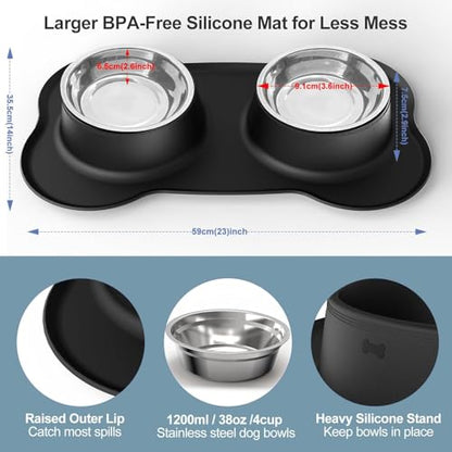 Dog Bowls Stainless Steel Dog Food Water Bowl Set with Stand, Feeding Bowls No Spill Non-Skid Silicone Mat, Dog Dishes for Small Medium Large Size Dog Puppy Pet Food Bowls, Black, 4 Cup - size: Large/38oz each