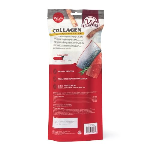 Wild Eats Salmon Flavor Collagen Cheek Roll Chew 10" 3pk Pig Ear Substitute | Long lasting treats and bones for medium dogs, retriever style texture, 3 per bag, satisfies natural gnawing urges daily - size: 11 Ounce (Pack of 3)
