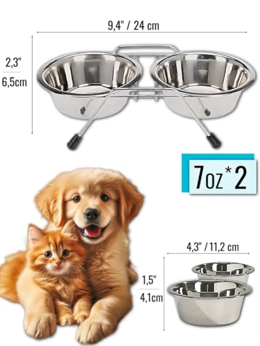 Pet Bowls for Dogs and Cats, with 2 Bowls, Iron Stand Base, Double Bowl Stand, Two Steel Removable (7oz) - size: 7oz