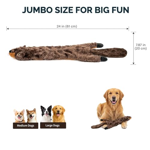 24” Stuffing-Free Dog Toy – Plush Beaver with 2 Squeakers & Crinkle Paper, Flat Body Quilted Design for Interactive Play, Medium & Large Dogs - color: Brown