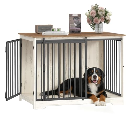 Hzuaneri 43.3" Dog Crate Furniture with Barn Door, Heavy Duty Dog Kennel Indoor with 2 Doors, Wooden Pet Cage End Table for Large Small Medium Dogs, Anti-Chew Anti-Escape, White Brown DFC92314B - color: White Brown, size: 43.3"L x 27.5"W x 31.8"H
